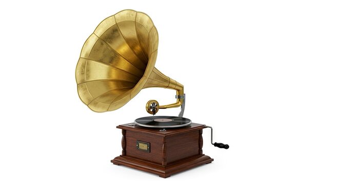 An antique gramophone with a large brass horn and dark wooden base is set against a stark white background