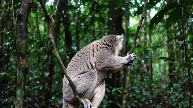 Lemur on a branch in a lush green forest, lemur eating, wildlife.
