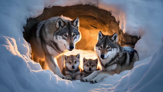 A heartwarming portrait of a wolf family, with two adult wolves and their cubs, finding warmth and safety together in a glowing snow den