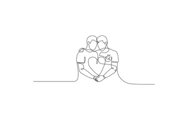 Friendship Hug One Line Drawing with Heart and Dove – Minimalist Unity, Peace and Togetherness Line Art Vector