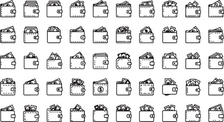 Collection of hand-drawn wallet icons simple line art for financial and payment concepts vector