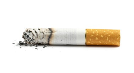 An extinguished cigarette with a filter ash and paper is lying on a white surface