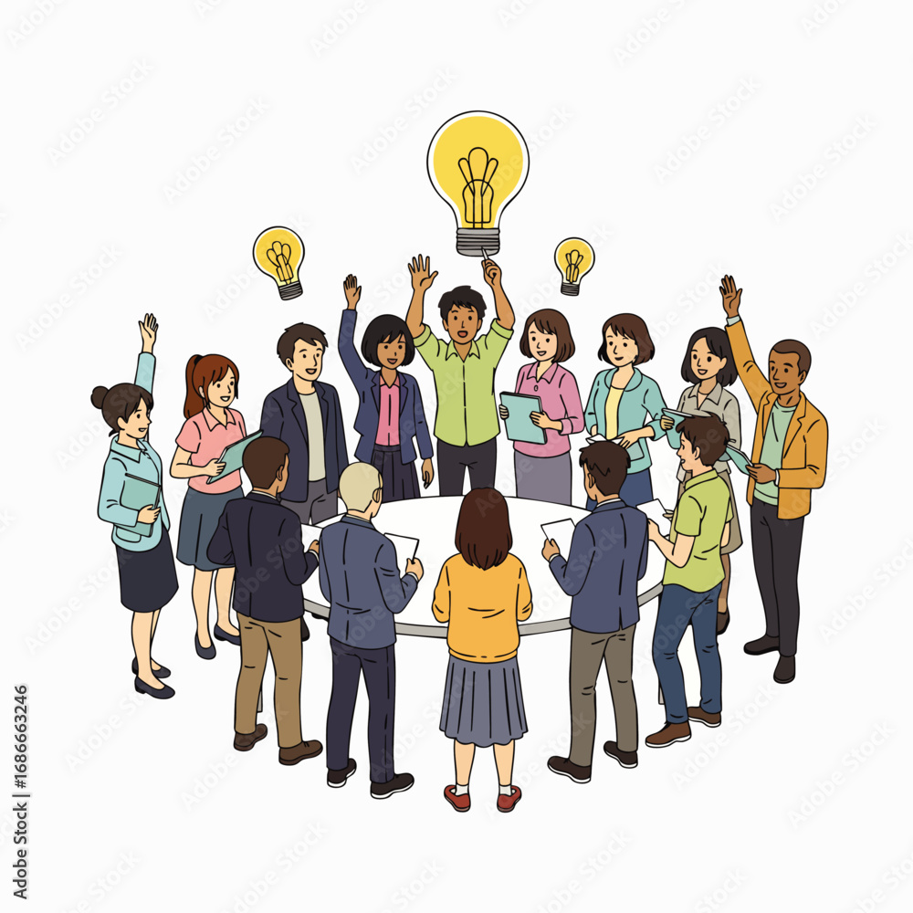 Poster a diverse team collaboratively generates innovative ideas during an engaging brainstorming session, 