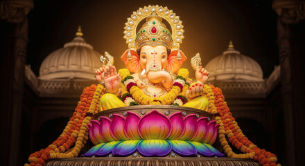 Fototapeta premium A brightly colored, ornate statue of the Hindu deity Ganesha, adorned with garlands and seated on a lotus, within a grand temple setting.