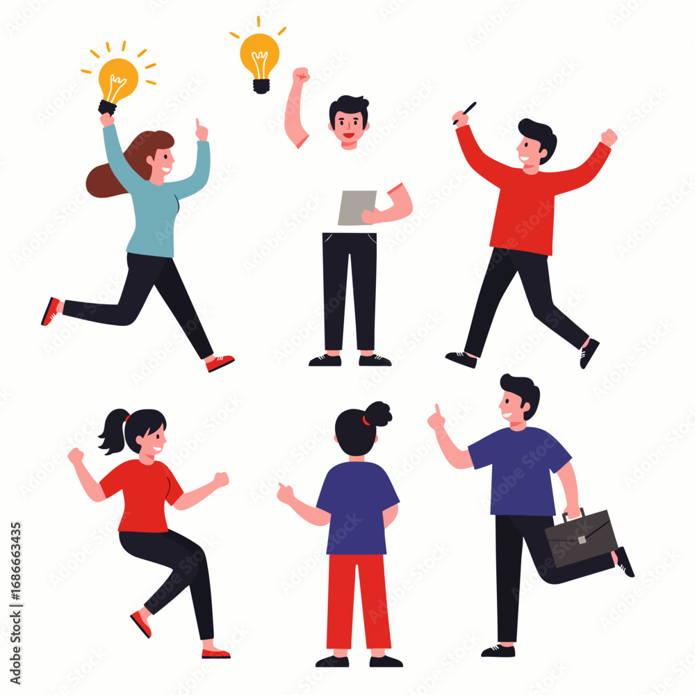 Poster energetic cartoon characters joyfully collaborate, sparking innovative ideas and building profession