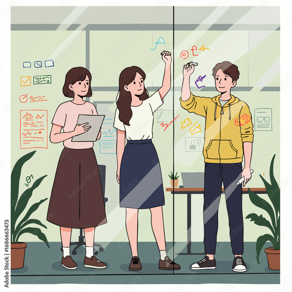Poster three diverse professionals engage in a dynamic brainstorming session, leveraging a transparent whit