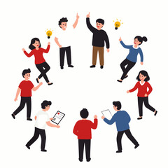 This vibrant illustration captures a diverse group of professionals engaging in dynamic collaboration and idea generation within a modern, flexible work environment.
