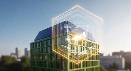 Modern Eco-friendly Building with Solar Panels and Digital Overlay in Urban Environment