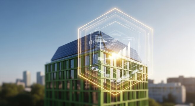 Modern Eco-friendly Building with Solar Panels and Digital Overlay in Urban Environment