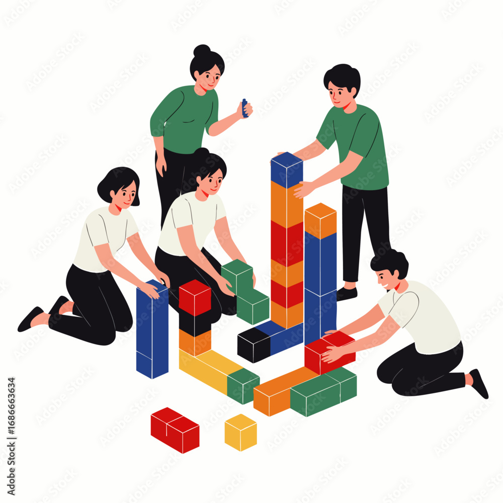 Poster diverse team members collaboratively construct colorful block structures, symbolizing teamwork, inno