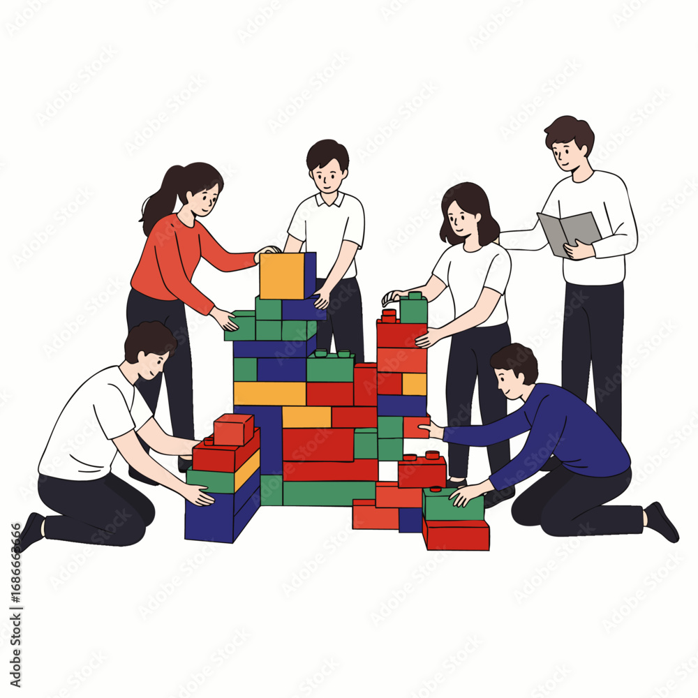 Poster diverse colleagues engage in a collaborative building activity with colorful blocks, representing te