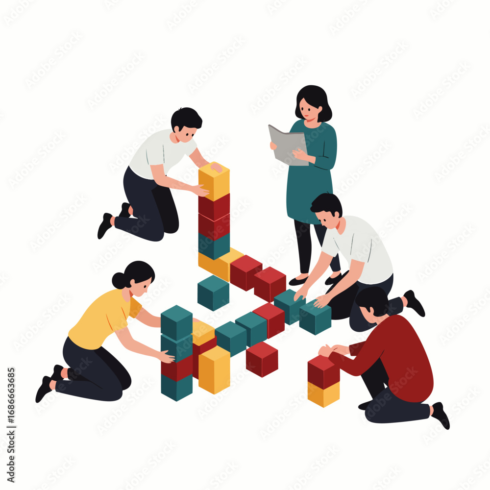 Aufkleber a diverse team collaboratively builds a complex structure with colorful blocks, symbolizing innovati