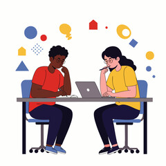 Two diverse professionals engage in a thoughtful collaborative session, fostering new ideas in a modern, flexible work environment, symbolizing innovation and productivity.