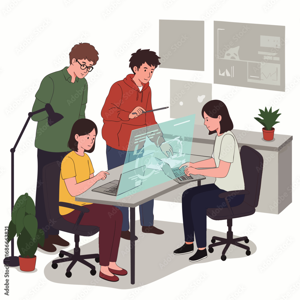 Poster a diverse team of professionals engages in innovative hybrid work, fostering productivity and dynami