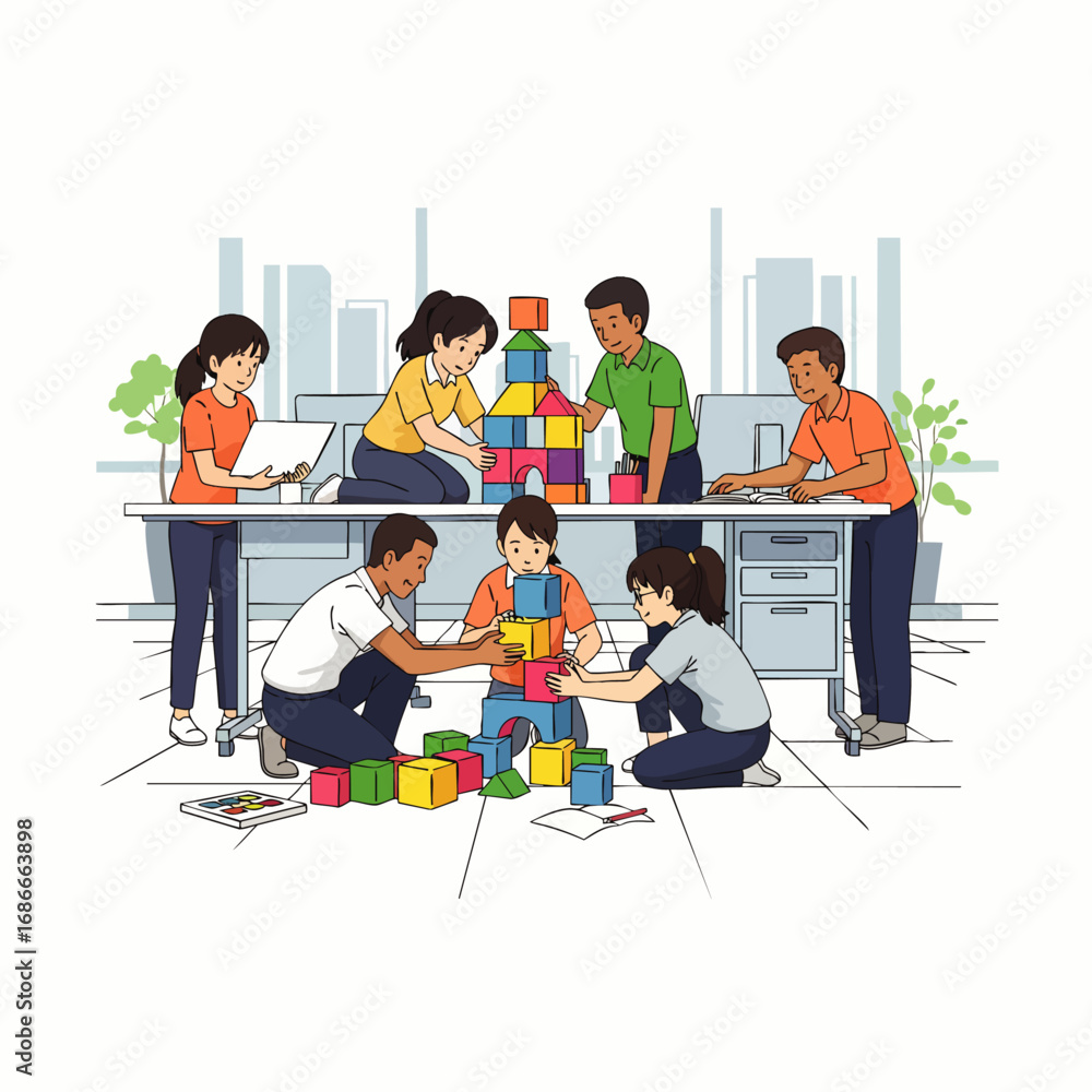 Poster diverse professionals engage in creative team-building with colorful blocks, fostering collaboration