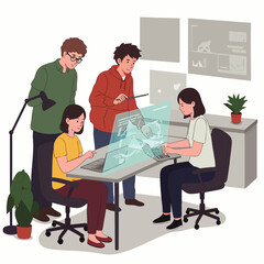 A diverse team of professionals engages in innovative hybrid work, fostering productivity and dynamic discussions within a modern collaborative environment.