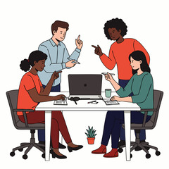 Diverse professionals engage in a productive, collaborative discussion at a modern workspace, embodying the dynamic nature of hybrid work culture.