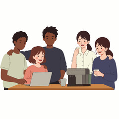 Diverse professionals engage in a collaborative hybrid work environment, enjoying coffee and lively discussions in a relaxed, productive cafe setting.