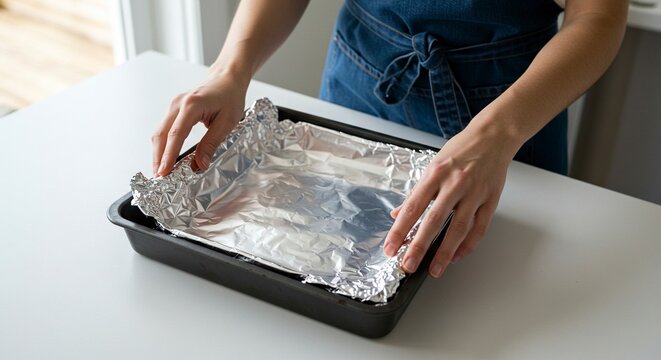 Baking sheet with foil held by hands on white surface - Powered by Adobe