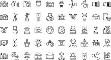 Collection of diverse hand drawn icons representing technology and creativity set vector