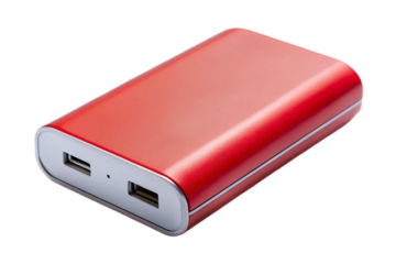 Red metallic portable power bank charger device isolated for mobile electronic device charging transparent background