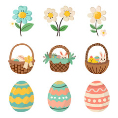 Set of Cute Easter Illustrations with Eggs, Flowers, and Baskets