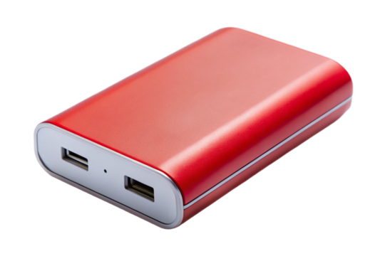 Red metallic portable power bank charger device isolated for mobile electronic device charging transparent background