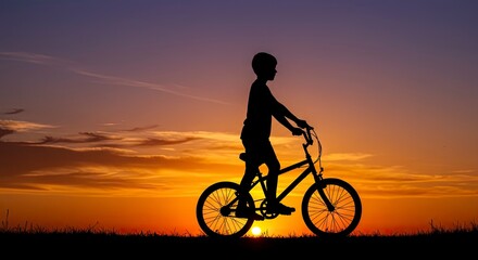 Obraz premium Boy on bicycle silhouette against sunset with horizon and grass