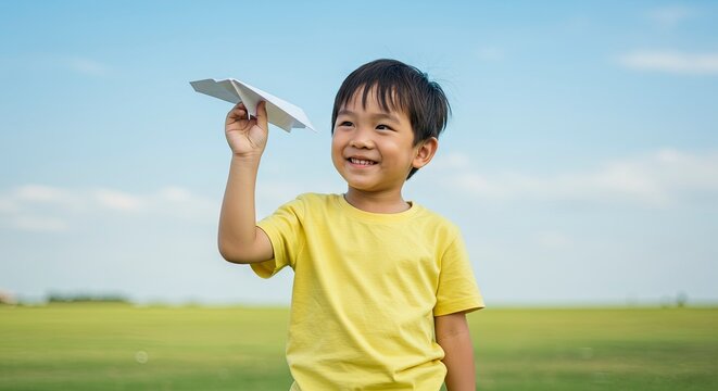 Boy yellow shirt outside paper airplane held high smiling green field blue sky