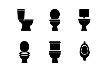 Toilet icon set. Collection of bathroom silhouettes. Vector graphic symbols for restroom, lavatory, WC. Minimalist flat design elements. Sanitary fixtures, urinal, toilet bowl.