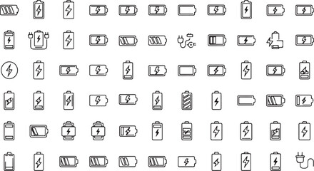 Collection of battery charge icons representing power levels and energy status vector