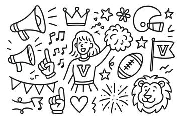 Homecoming celebration doodle set. Hand drawn vector icons with school spirit symbols. Cheerleader, football, pep rally, mascot. Black and white line art cartoon elements.