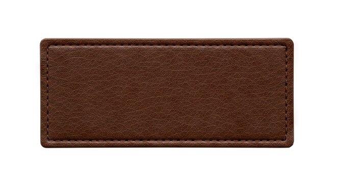 Brown leather rectangle label with stitched border isolated on a white background