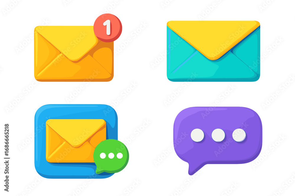 Aufkleber set of 3d email and message icons. realistic vector mail envelope with new message notification coun