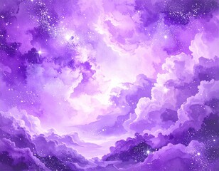 A surreal and dreamy watercolor illustration of a vibrant purple cosmic sky with glowing clouds and sparkling stars, a magical celestial dreamscape