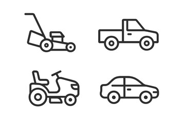Lawn mower and vehicle line icon set. Vector outline symbols for gardening and transport themes. Push mower, riding tractor, car, and pickup truck simple pictograms collection.