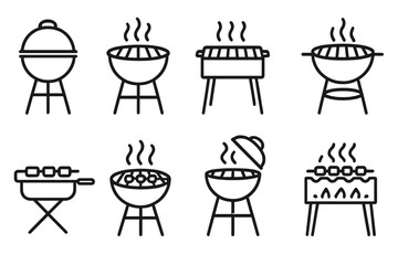 Barbecue grill linear icons set. Vector outline collection of BBQ designs and styles. Kettle, charcoal, and portable grills for outdoor cooking, picnics and summer parties.