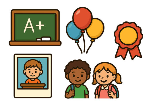 Back to school vector icon set with diverse children, chalkboard with A+ grade, student photo, prize ribbon, and balloons. Cute cartoon illustration for education concepts.