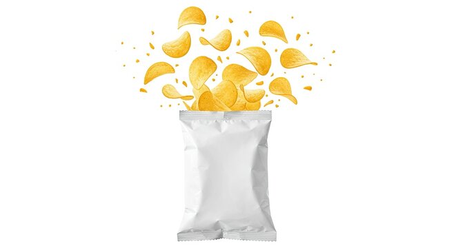 Chips appear to be falling out of a white snack bag against a white background