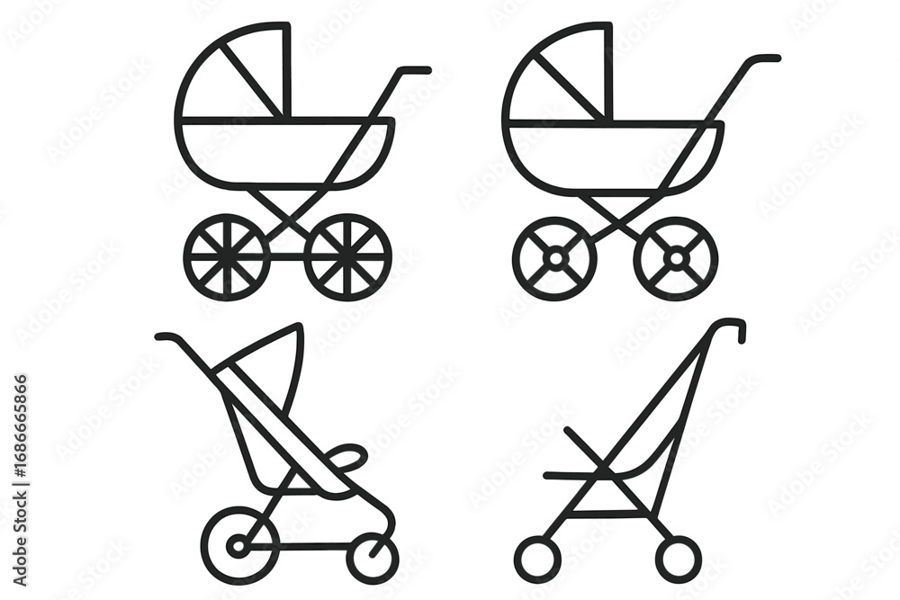 Poster minimalist baby carriages and strollers set in linear style. vector icon collection of prams and bug