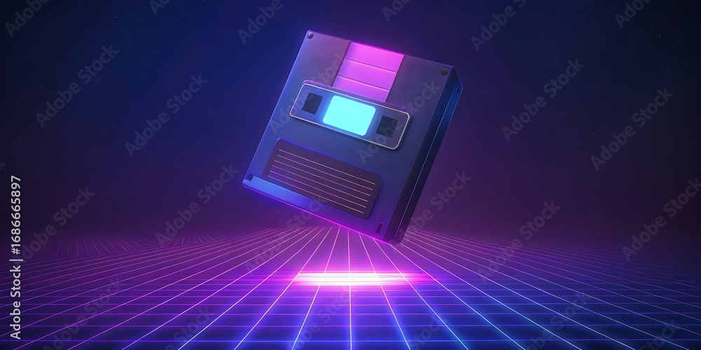 Poster abstract digital processor chip floating in a neon blue and purple futuristic cyberspace with glowin