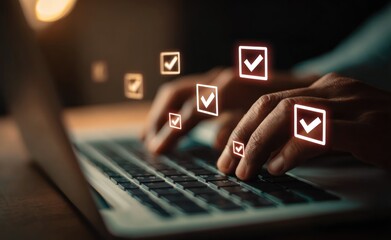 Hands typing on a laptop with glowing checklist icons floating above, softly lit, indicating task completion in a digital workspace