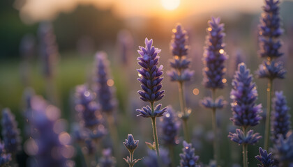 Fototapeta premium Golden hour glow bathes vibrant lavender field creating a serene and tranquil natural scene.