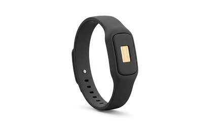 Closeup of a black fitness tracker with a gold sensor on a white background