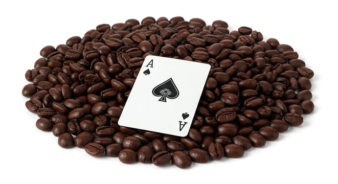 Coffee beans surround a playing card the Ace of Spades on a white surface