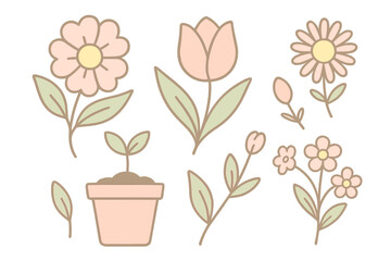 Charming spring blooms and seedling vector icon set. Cute cartoon flower collection with tulip, daisy, and plant in pot. Botanical nature illustration in pastel linear outline style.