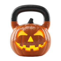 Halloween jack-o'-lantern kettlebell with glowing eyes, perfect for spooky fitness fun and festive vibes
