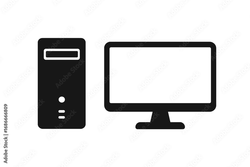 Poster desktop computer and monitor vector icon. pc workstation hardware silhouette. minimalist black graph