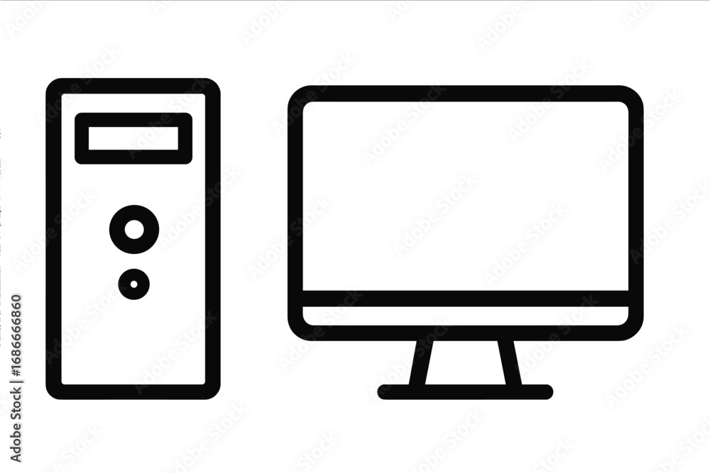 Aufkleber desktop computer and monitor vector line icon. pc workstation hardware symbol. simple black and whit