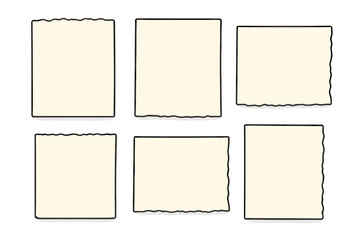 Set of blank torn paper sheets. Ripped paper scraps with black border. Vector cartoon illustration isolated on white background. Note, message or notice template design element.